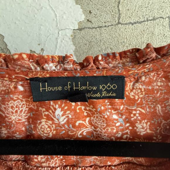 House of Harlow Rust Floral Romper Puff Sleeve Ruffle Cottagecore Fall Size S - Picture 6 of 11